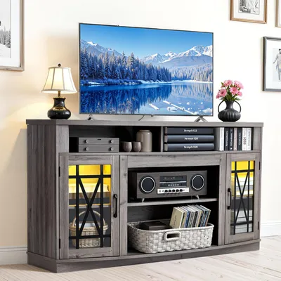 Image de Meuble TV VEVOR pour téléviseurs jusqu'à 65 pouces, table TV avec bande lumineuse, meuble TV en bois avec portes vitrées et étagères réglables, console, meuble TV pour salon ou chambre à coucher, gris