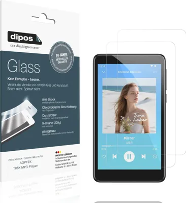 Produktbild von 2x Schutzfolie für AGPTEK T08X MP3-Player - Anti-Shock 9H Folie dipos Glass Kunststoffglas