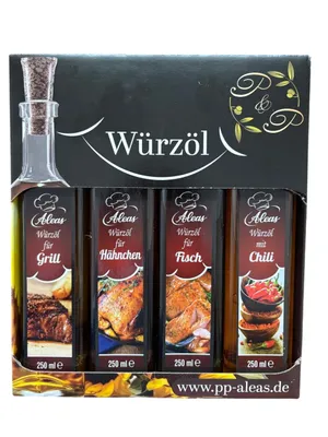 Produktbild von Geschenkset Würzöl Aleas: Grill, Hähnchen, Fisch, Chilli 4x250ml