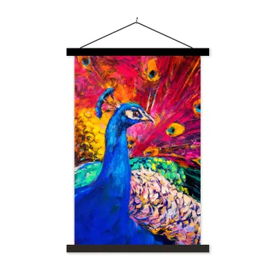 Produktbild von MuchoWow® Textilposter Gemälde - Vogel - Pfau - Ölgemälde 120x180 cm mit schwarzem Rahmen - Fotos