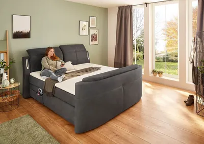 Produktbild von Boxspringbett - Dunkelgrau - Mikrofaser - 180 x 200 cm - elektrisch ausfahrbare TV-Halterung