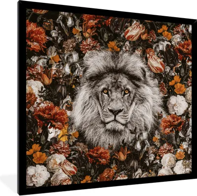Produktbild von MuchoWow® Gerahmtes Poster Blumen - Löwe - Porträt 40x40 cm - Poster mit Schwarzem Bilderrahmen Wandposter Rahmen Foto Bilder - Mit Rahmen - Wanddekoration Schlafzimmer