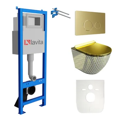 Produktbild von Lavita LAV 101 Vorwandelement für WC 40cm + Wand Hänge Tiefspül WC SOFI SLIM GOLDEN NEVER DIE Spülrandlos + Bedienplatte LAV 200.4.5 Gold | Komplettset | Unterputz Spülkasten | Toilette Komplett Sett