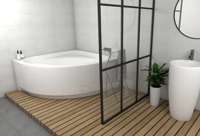 Produktbild von ECOLAM symmetrische Badewanne Eckbadewanne Standard Acryl weiß 150x150 cm + Schürze Ablaufgarnitur Ab- und Überlauf Automatik Füße Silikon