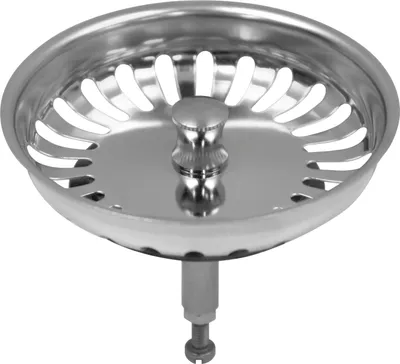 A stainless steel sink strainer with a lift rod.