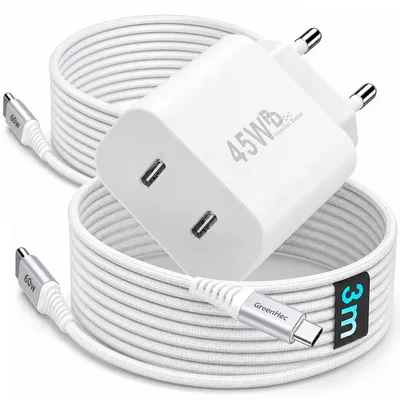 Produktbild von 45W USB-C Schnellladegerät Charger mit GaN-Technologie für Handy, iPhone, Samsung S21-S25, Tablet, iPad Dual Port PD - Ladegerät + 2x 3m Kabel, KI-generiertes Bild