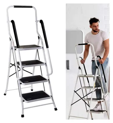Produktbild von Trittleiter mit 4 Stufen und Handlauf, faltbar, Klapptritt aus Metall, bis 150 kg