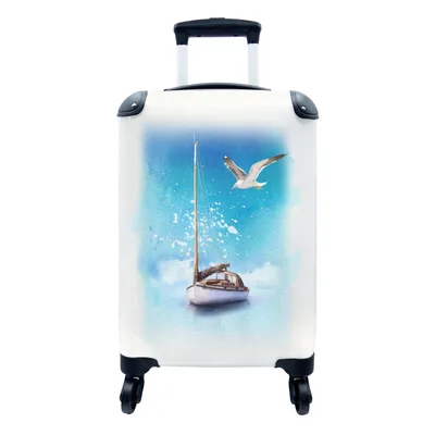 Produktbild von MuchoWow® Koffer Handgepäck Trolley Rollkoffer Kleine Reisekoffer mit 4 Rollen - Boot - Meer - Möwe - Cabin Size < 55x40x23 cm & 55x40x20 cm - Fotokoffer - Kabinenkoffer - Boardgepäck - Reise-Box - Reisekoffer - Reisegepäck - Koffer mit Bild - Trolley für Kinder