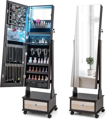 Imagen del producto de Caja de almacenamiento para joyas con 3 espejos, armario con espejo con 4 ruedas y 3 luces LED de colores, cajones y estantes. Organizador de joyas giratorio 360°, con cerradura y ajuste de inclinación (marrón)