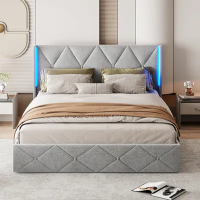 Zdjęcie produktu dla Łóżko tapicerowane Fortuna Lai 160x200 cm, łóżko podwójne ze stelażem listwowym i podstawą łóżka, zagłówek, oświetlenie LED, aksamitne pokrycie, szary