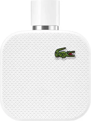 A white bottle of Lacoste L.12.12 Blanc Men Eau De Toilette Spray.