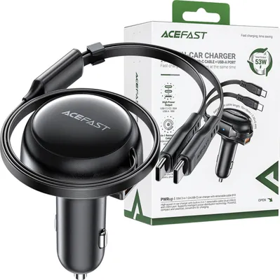 Produktbild von Acefast B13 Autoladegerät 53W Usb-A / 2 Usb-C Verlängerungskabel - Schwarz