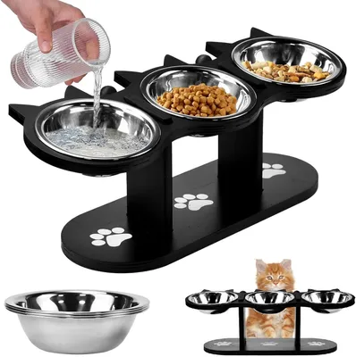 Produktbild von Erhöhte Katzennäpfe, 3er Set Futternapf Katze Holz – Erhöhter Futterständer, 15° gekippte Katzen Hunde Fressnapf mit 3 Edelstahl Schüsseln