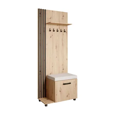 Produktbild von Garderobenschrank LIVIA Links Eiche Artisan– Garderobe mit Kleiderhaken, Schuhschrank, schwarze Lamellen, hellbeige Sitzkissen, Hochschrank, Flurmöbel