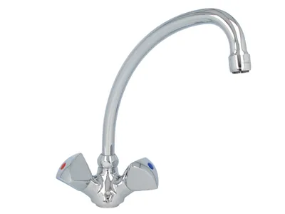 A chrome kitchen faucet with two handles, one red and one blue, against a white background.