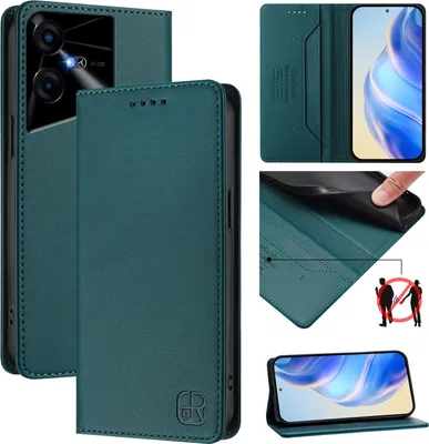 Produktbild von Lederhülle für Tecno Pova Neo 3 Hülle Flip Brieftasche Kartenfächern Ständer Schutzhülle Dunkelgrün
