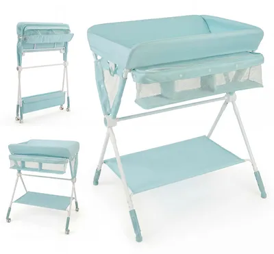 Productafbeelding van COSTWAY 4-in-1 babyverschoonmeubel & badstation & schoenenrek & wasrek, multifunctioneel verschoonmeubel, met wielen en opbergmand, groen