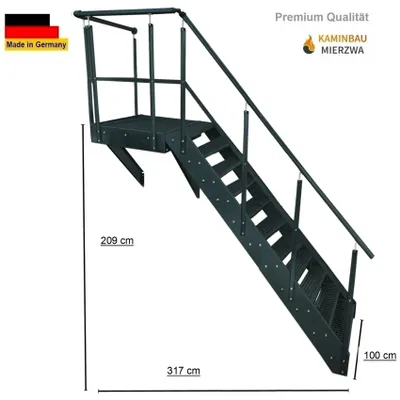 Produktbild von Podesttreppe Wangen- Stahltreppe 11 Stufen Höhe 209cm inklusive Podest 100x100cm mit Geländer Anthrazit / Ausrichtung Treppe Rechts / Aussentreppe