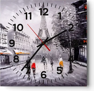 Produktbild von Wanduhr - Quadrat - Glasuhr - Architektur Paris Eiffle Frankreich - 30x30cm - Schleichendes Uhrwerk - Lautlos - zum Aufhängen bereit - Dekoration Modern - Wanddekoration aus Glas - C4AC30x30-2961