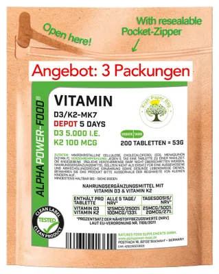 Produktbild von 3 Packungen Vitamin D3 + K2 MK7 Tabletten Kapseln Depot hochdosiert 5000 I.E. für 3000 Tage