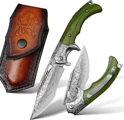 Produktbild von HARAHU DA-31651 Damast Jagd-Klappmesser - Grün KP31651