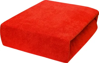 A red fitted sheet is folded and placed on a white background.