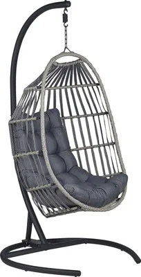 Produktbild von BELIANI Hängesessel Grau Rattan mit schwarzem Gestell inkl. Kissen Outdoor Indoor Modern Boho Stil Garten Wohnzimmer Terrasse