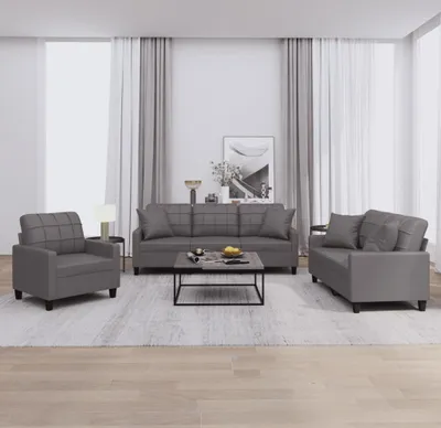 Produktbild von "im Angebot" 3-tlg. Sofagarnitur - Sofa-Set - Couchgarnitur - mit Kissen Grau Kunstleder - Klassische Sofas CC8837
