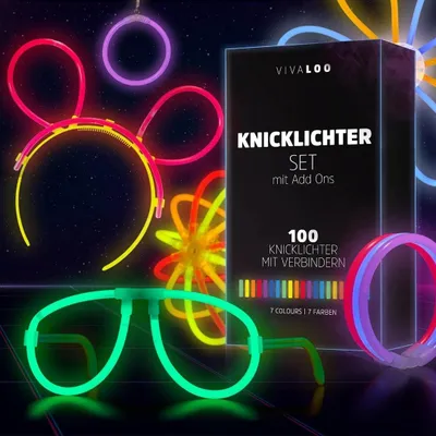 Produktbild von Knicklichter – Set mit 100 Stück – Party-Set – inklusive Zubehör – Lichtstäbe mit Anschluss für Lichtarmbänder – Partybrillen