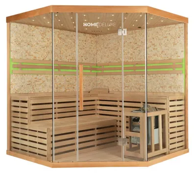 Produktbild von HOME DELUXE - Traditionelle Sauna - Skyline XL Big Kunststeinwand - 200 x 200 x 210 cm, für 2-6 Personen, Hemlocktanne, inkl. Saunazubehör I Dampfsauna Aufgusssauna Finnische Sauna Sauna