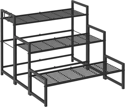 Produktbild von Blumenständer aus Metall, Pflanzenregal, 3-stöckiges Pflanzenregal, Blumenleiter mit hoher Tragkraft, Blumenregal für den Innen- und Außenbereich auf Balkonen und in Gärten, Regal für Zimmerpflanzen mit 2 Haken, (Schwarz)