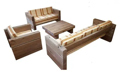 Immagine prodotto di Set di mobili da giardino in legno massello di quercia – robusta costruzione – composto da: 3 sedie, 2 poltrone, 1 divanetto e un tavolo – stile rustico in legno massello – set lounge