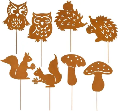 Produktbild von 8er Rost Gartenstecker Herbstdeko Garten Metall 25cm Igel Eule Pilze