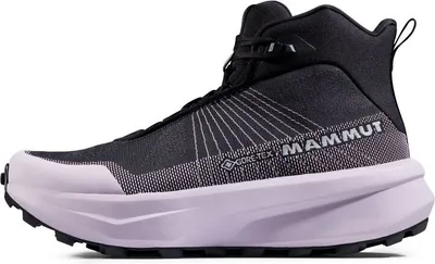 Mittelhoher Wanderschuh "Aenergy Mtn Mid GTX" von Mammut in Schwarz und Grau; seitliche Ansicht.