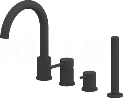 Produktbild von BOFLER Design 4-Loch Wannenrandarmatur "B6", für Badewanne, Auslauf schwenkbar und verstellbar, Umsteller, Handbrause, Flexschläuche, matt schwarz