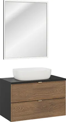 Produktbild von Waschplatz-Set 2-teilig mit 80 cm Waschtisch und LED-Spiegel in Eiche und schwarz - TARSIA-56