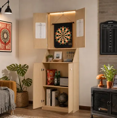 Produktbild von Dartschrank 190 cm hoch inkl. Dartboard & LED-Beleuchtung, Dartscheibe mit Schrank & Scoreboard, Game Center für Zuhause mit Stauraum, 60x30x190 cm
