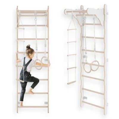 Image de Échelle de gymnastique pour enfants (210 cm), Échelle d'entraînement murale, Échelle de corde pour enfants, Aire de jeux en bois pour la maison, Roues