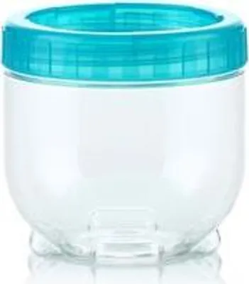A clear studio shot of a round, clear plastic food container with a blue lid.
