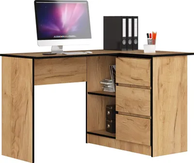 Produktbild von Akord Eckschreibtisch Eiche Craft B16 rechts, B124xH77xT85 cm, 3 Schubladen, 2 Ablagen, laminierte Möbelplatte, für PC-Arbeit, Kinder und Jugendliche, 48 kg