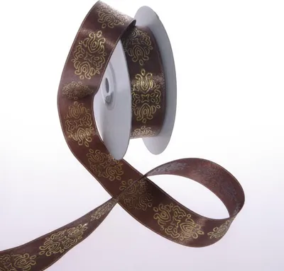 Produktbild von Satinband mit Ornamentdruck - 25mm - 15m - col. 58 Braun-Gold - 94515-25-15-58