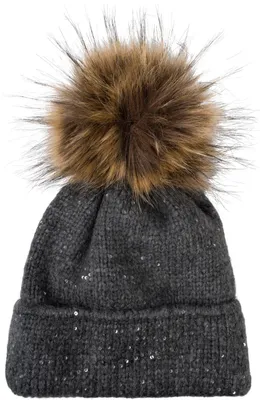 Produktbild von styleBREAKER Damen Strick Bommelmütze Pailletten Uni Fake-Fur, Dunkelgrau