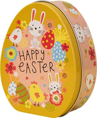 Produktbild von Happy Easter Leckerli-Box, flache Eierform, Süßigkeitenbox, Cartoon-Häschen-Muster, tragbare Keks- und Plätzchenbox aus Eisen, Geschenkbox für Kinder, Osterparty-Gastgeschenke