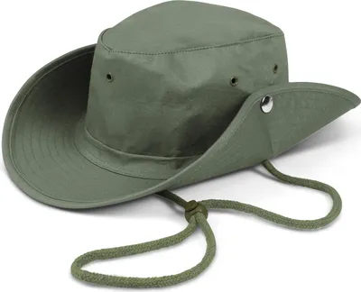 A studio shot of a green bush hat.