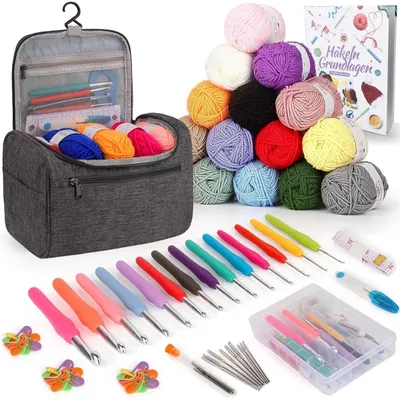 Productafbeelding van Haakset voor beginners, 73 onderdelen, inclusief 15 bollen wol, een tas, accessoires, 2 ergonomische haaknaalden (2,0-10 mm) met een zachte grip, kleur grijs