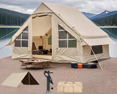 Imagen del producto de Tienda de camping inflable con toldo, tipo cabaña, para 4-6-8 personas, tienda de glamping, toldo para proteger del sol, fácil de montar, tienda para exteriores impermeable de tela Oxford, inflable