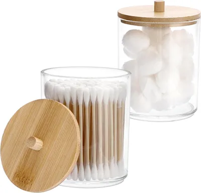 Produktbild von 2er Set Acryl Wattestäbchen Behälter mit Bambusdeckel Rund Klar