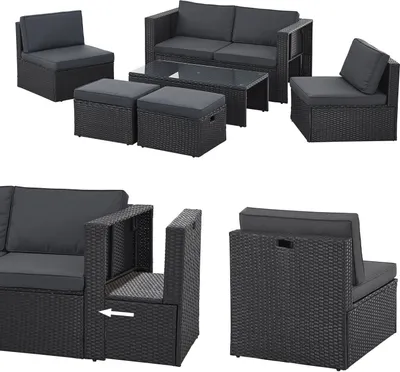 Produktbild von Juskys Polyrattan Gartenmöbel Set Salou - Lounge für 6 Personen, wetterfest - Schwarz