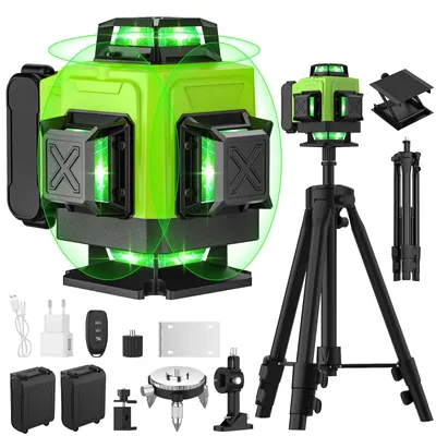 Obrázek produktu pro 4D, 16linek, zelený laserový nivelák – samonivelační, 360° laser pro křížové linie – 360° horizontálně i vertikálně – profesionální stavební nástroj – s baterií – zelený
