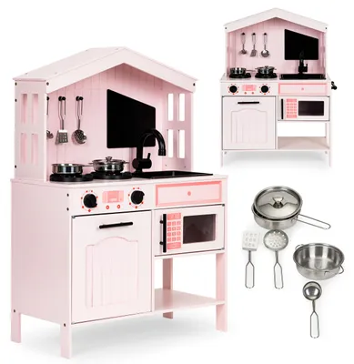 Image de Cuisine en bois pour enfants avec four, plaques de cuisson, micro-ondes et accessoires ECOTOYS